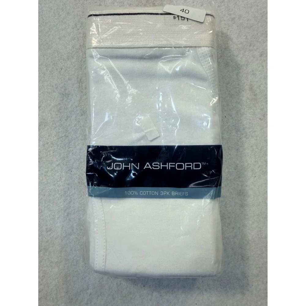 John Ashford Mens Sealed 3 Pack Briefs White 100% Cotton Rib Knit Waist 40 New